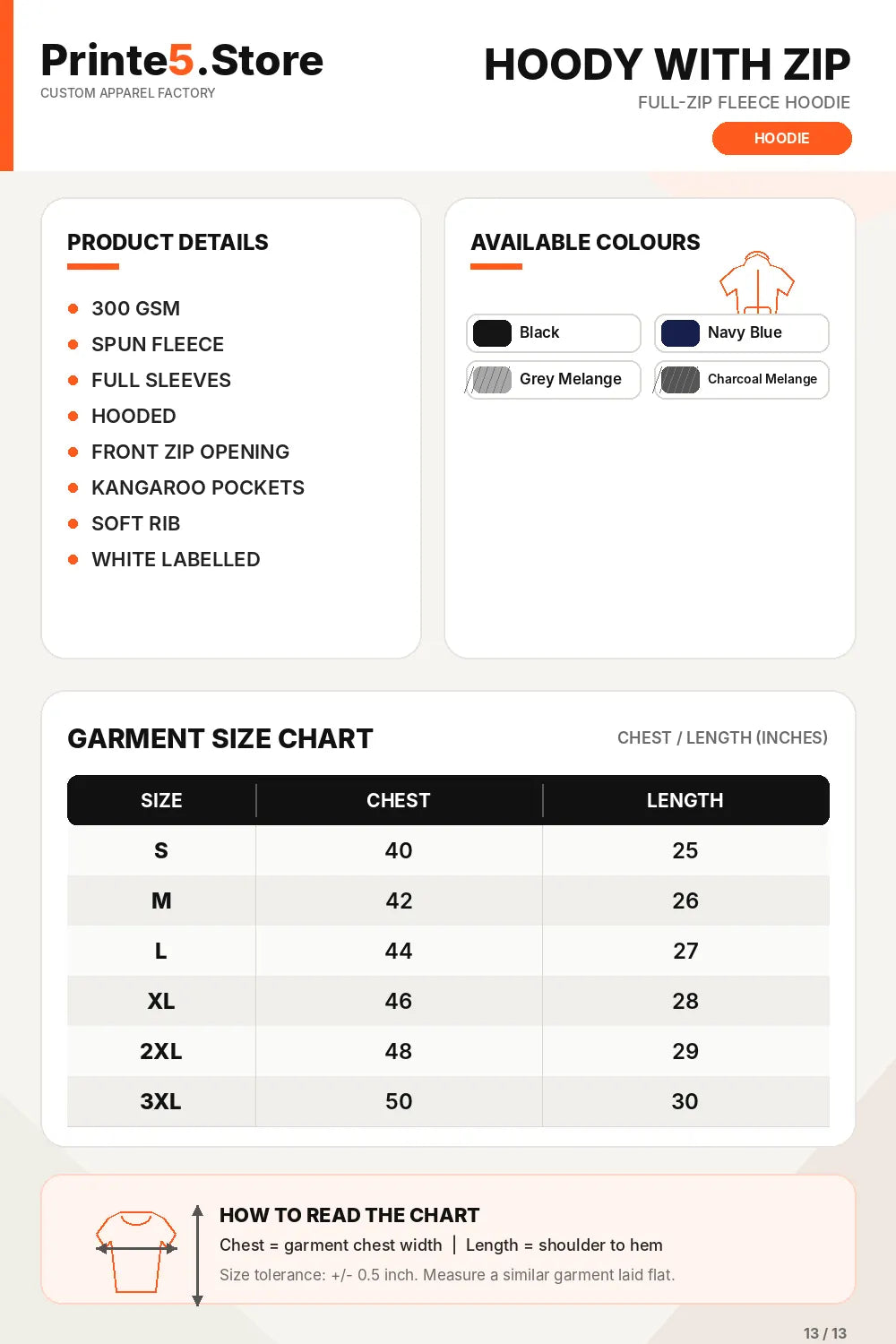 Custom Recycled Cotton Full-Zip Hoodie – 300 GSM size guide
