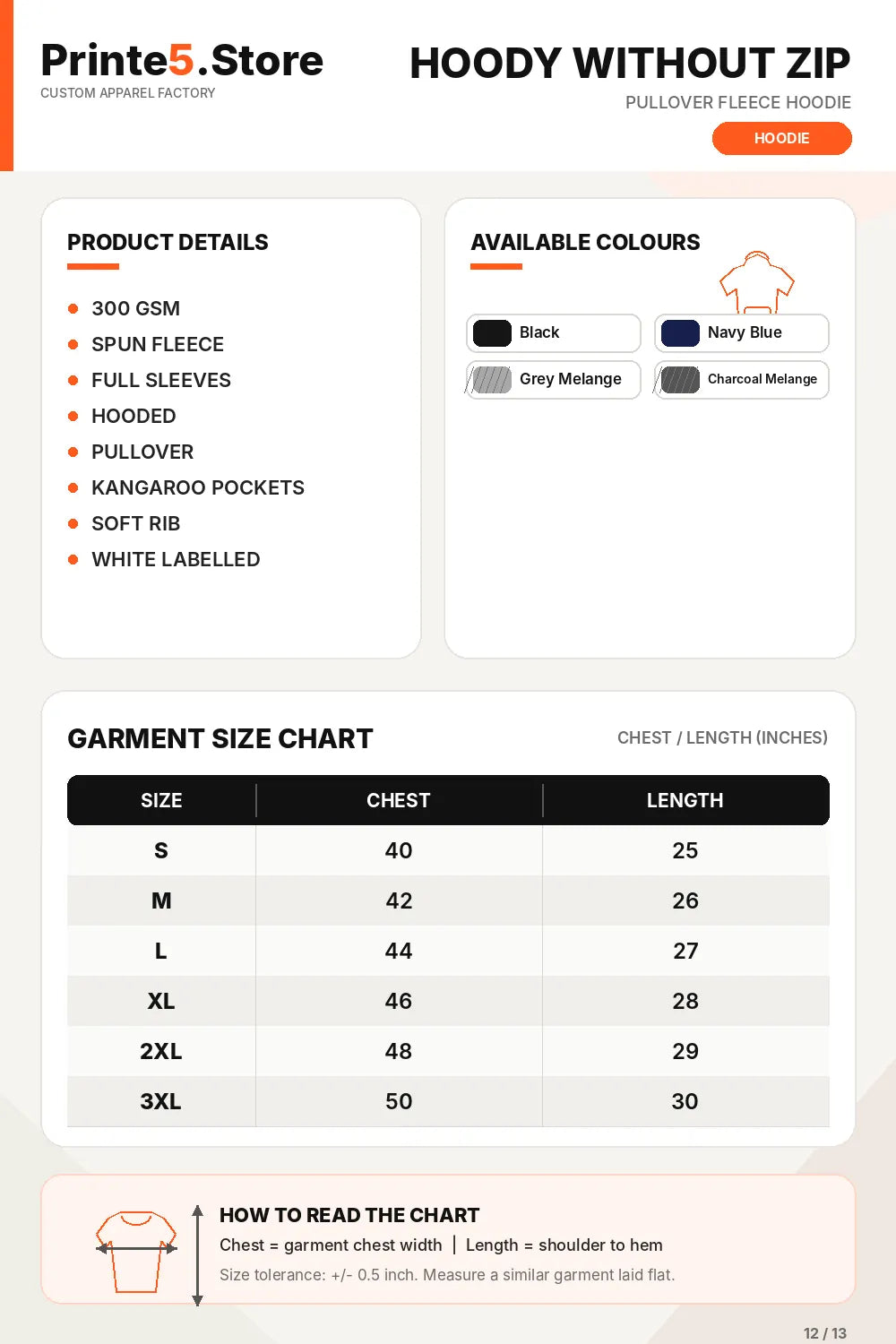 Custom Recycled Cotton Pullover Hoodie – 300 GSM size guide