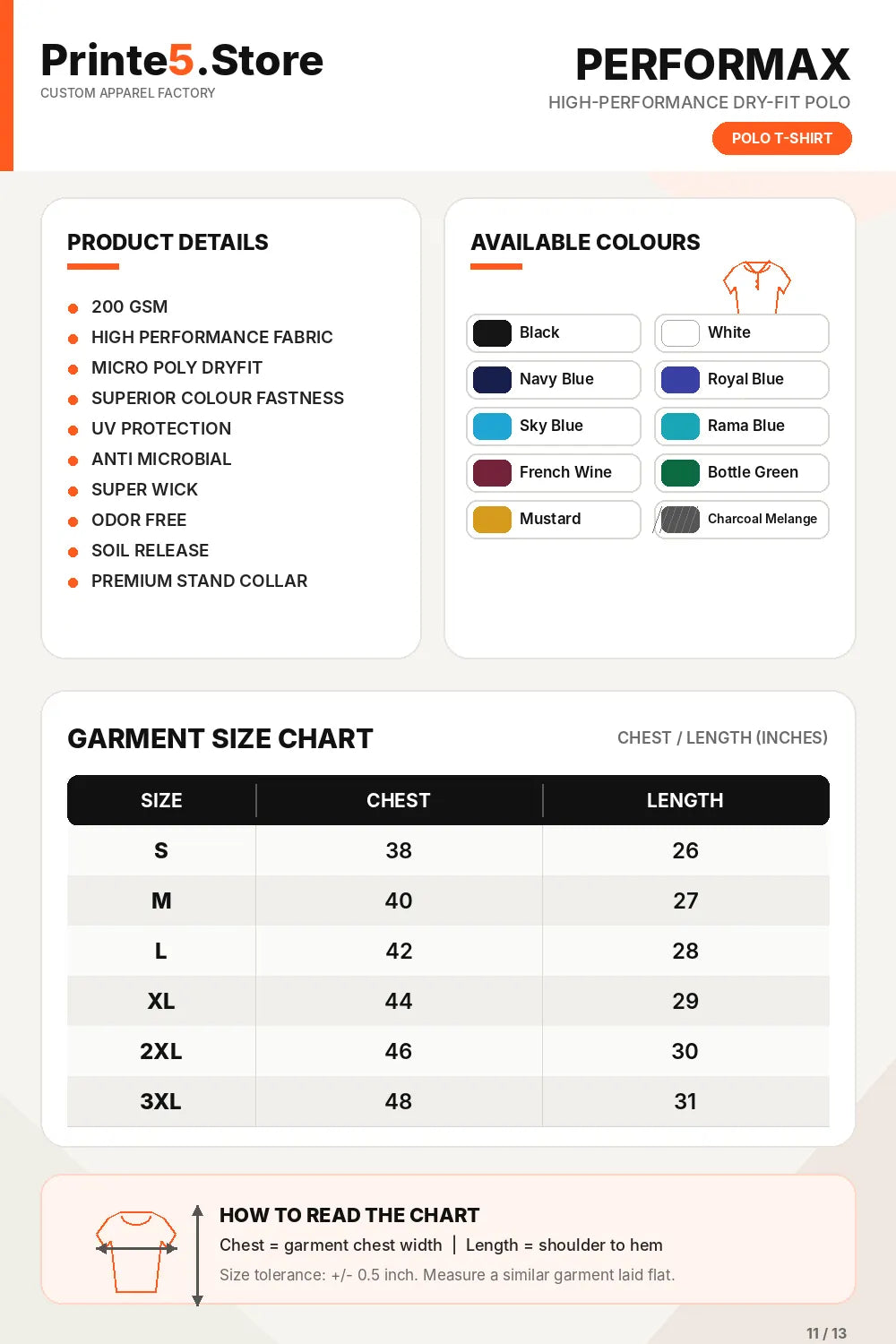 Custom Performance Mars Polo T-Shirt – 200 GSM size guide