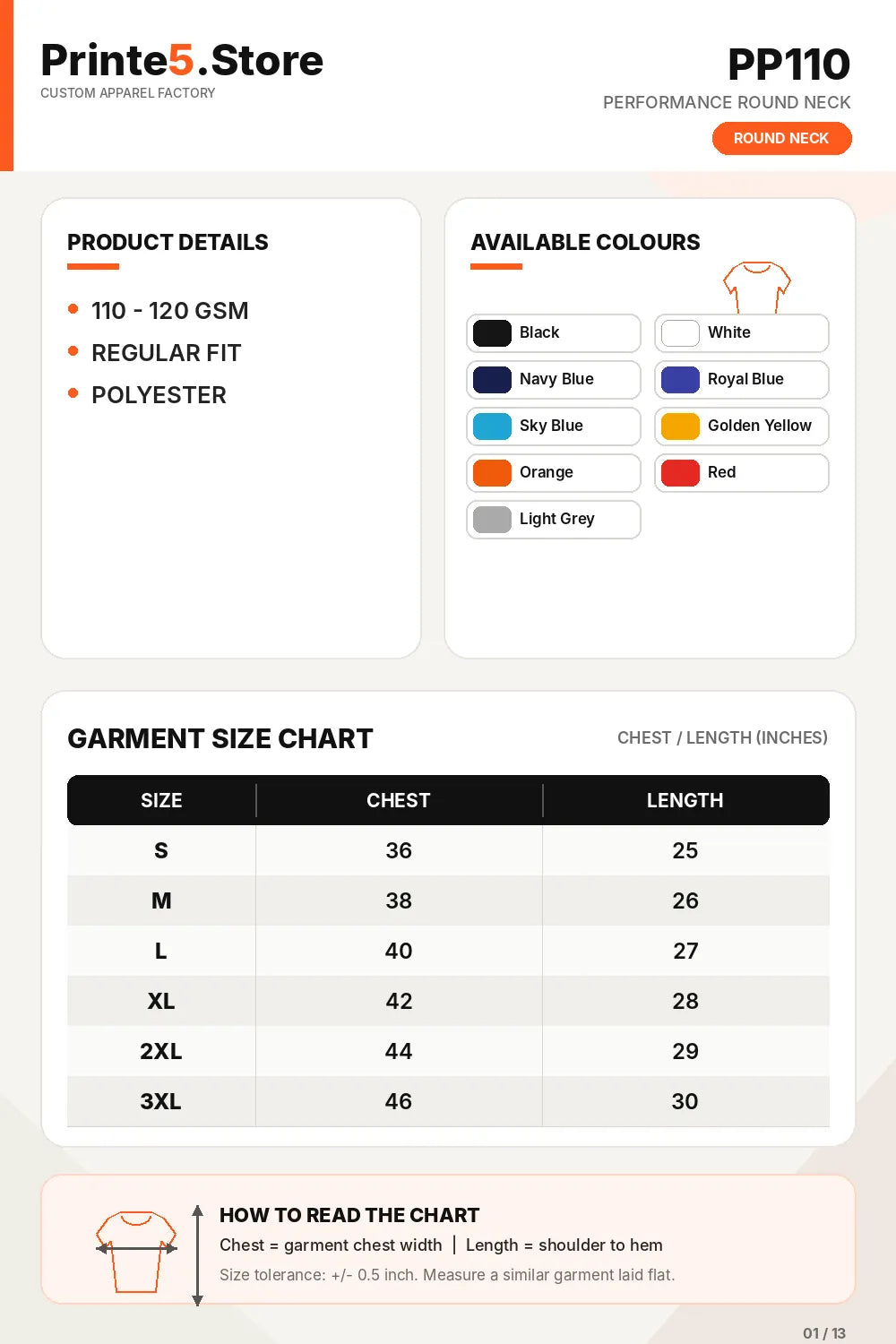 Custom Sports Performance Crew Neck T-Shirt – 120 GSM size guide