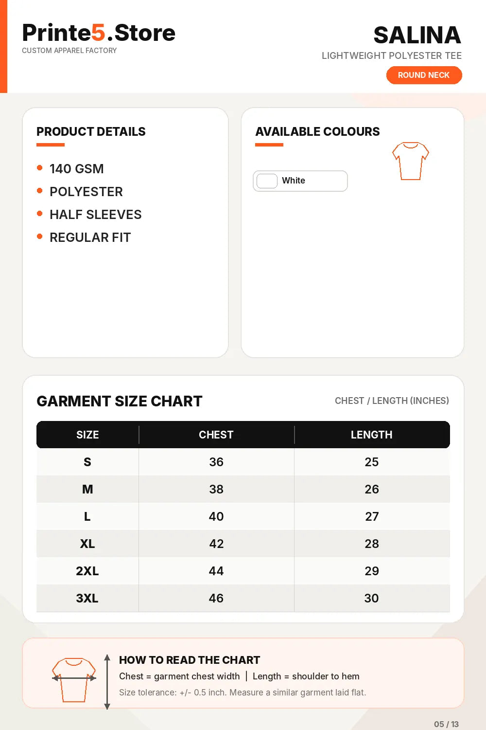 Custom Performance Crew Neck T-Shirt – 160 GSM size guide