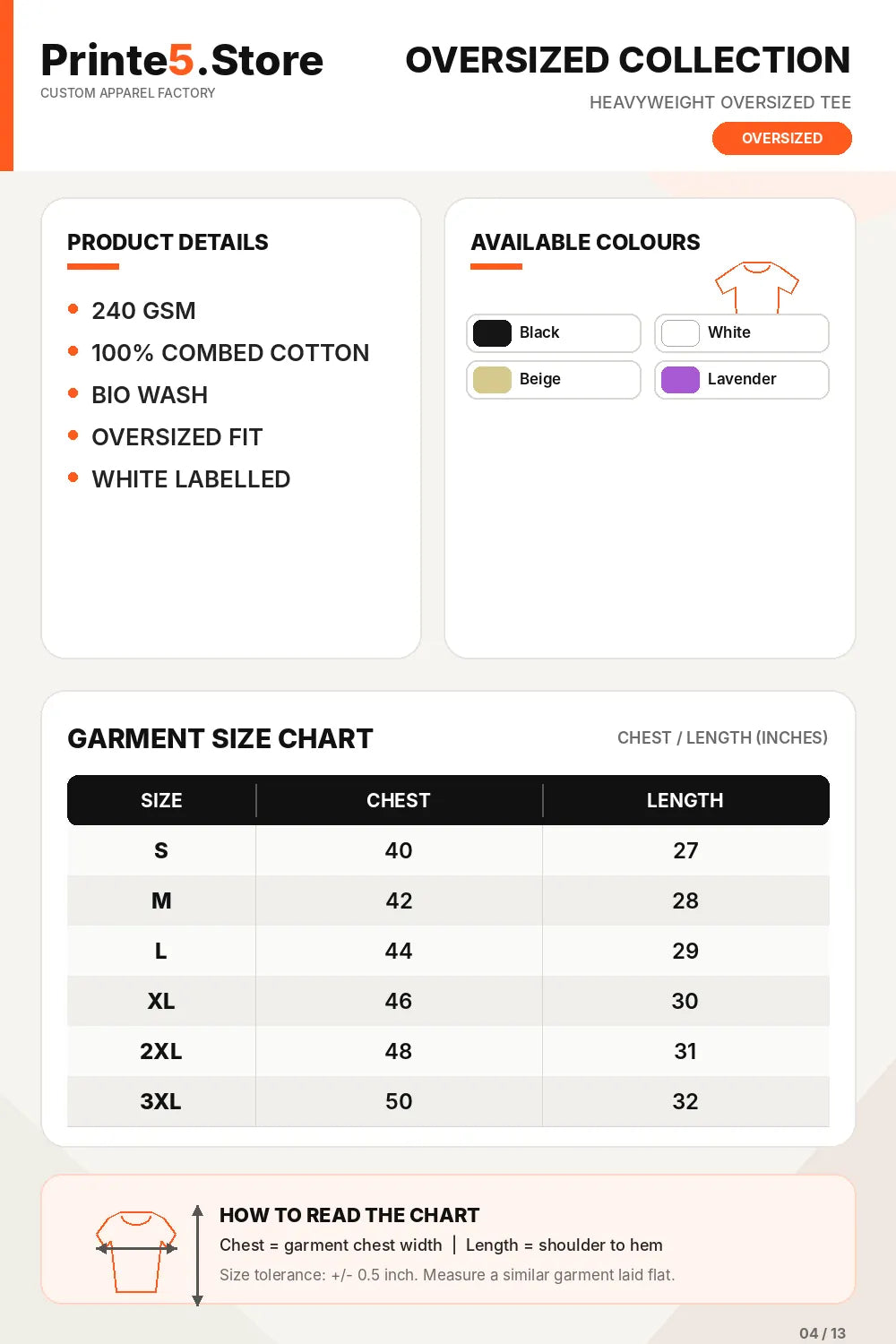 Custom Premium Pima Cotton Oversized T-Shirt – 240 GSM size guide
