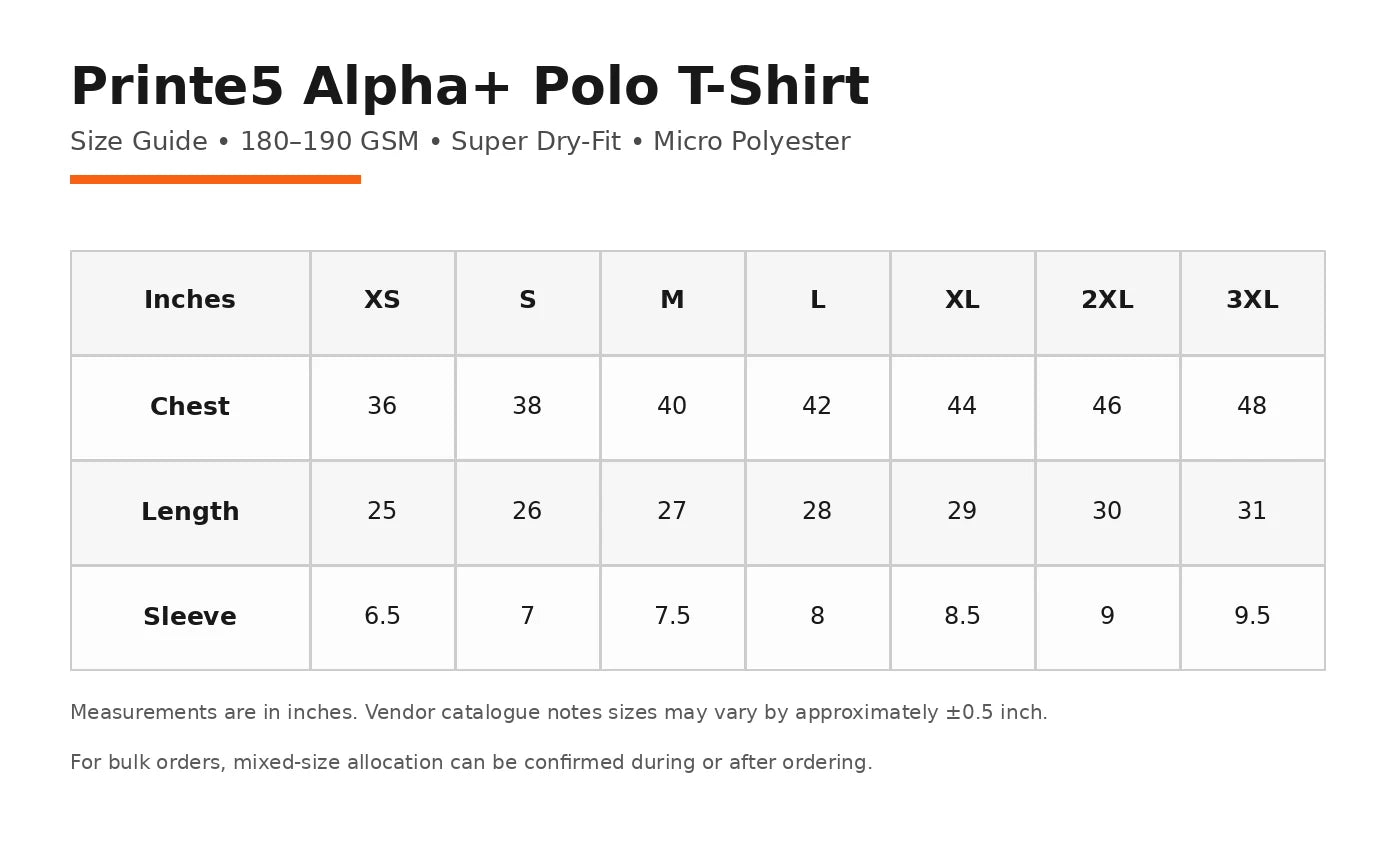 Custom Alpha+ Super Dry-Fit Polo T-Shirt – 180–190 GSM size guide