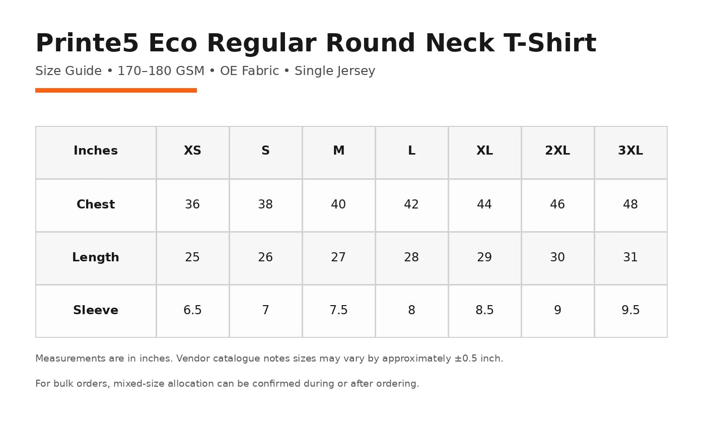 Custom Eco Regular Round Neck T-Shirt – 170–180 GSM size guide